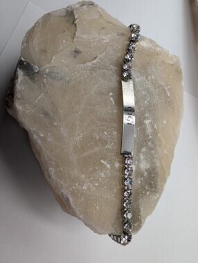 "Gigi" Engraved ID Bar Bracelet with Clear Rhinestone Chain Adjustable